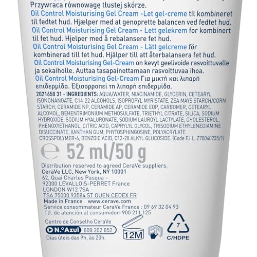CeraVe Oil Control Gel Cream lightweight Moisturizer for Oily & Combination Skin with Ceramides, Hyaluronic Acid & Niacinamide | Dermatologist Recommended (52ml)