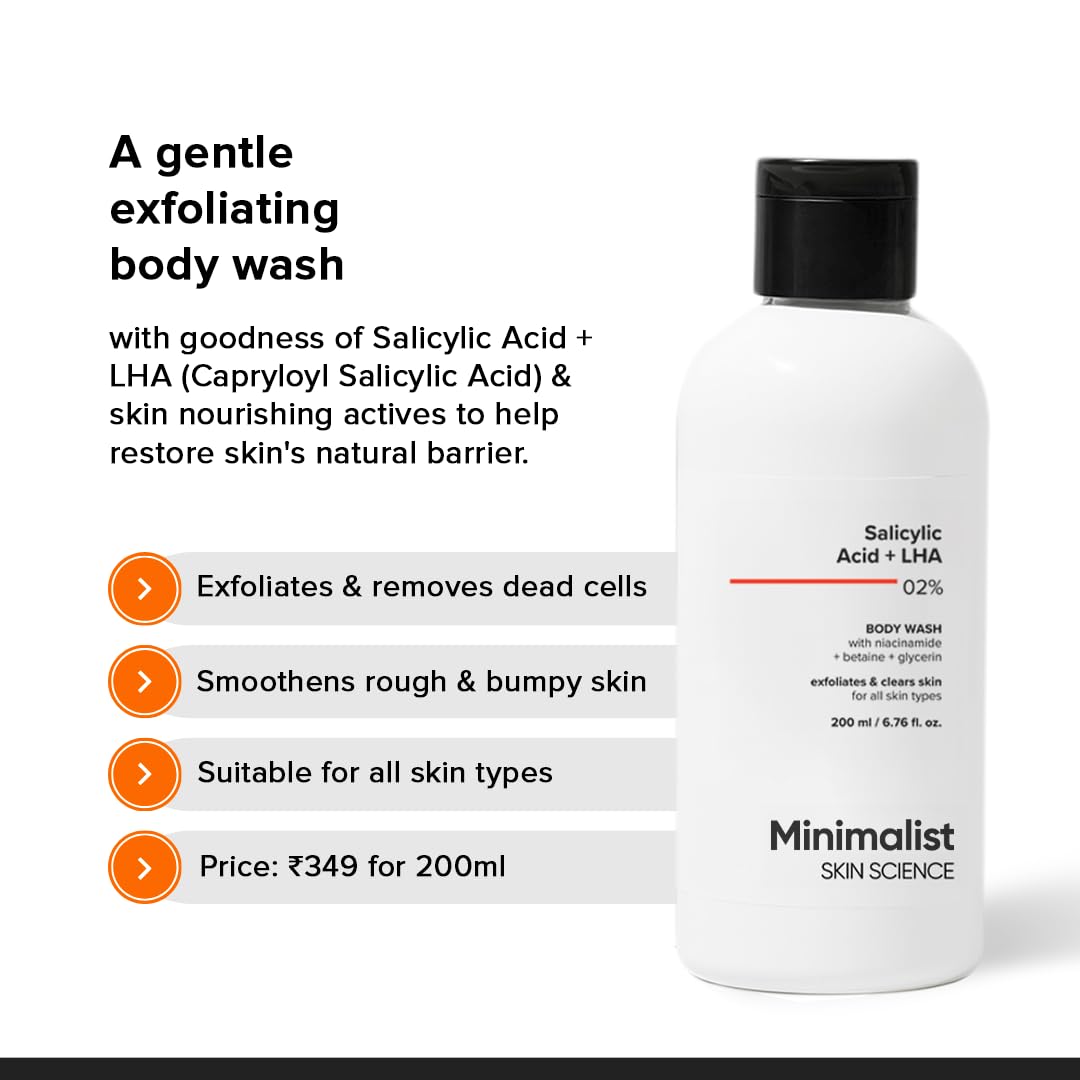 Minimalist 2% Salicylic Acid + LHA Body Wash | Gentle Exfoliating Bodywash for Body Acne, Un-even, Rough & Bumpy Skin | Sulphate (SLS), Dye, & Fragrance Free | Shower Gel for Women & Men | 200 ml