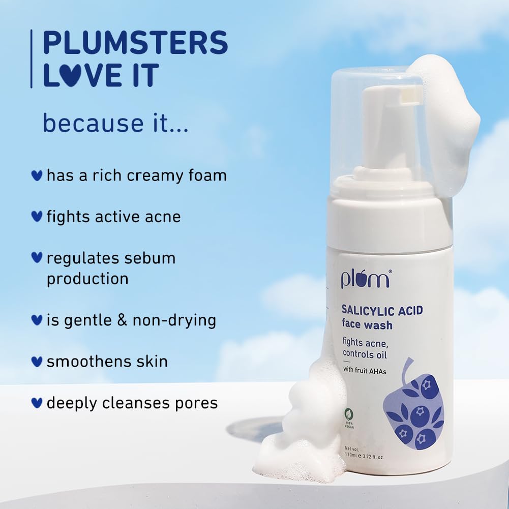 Plum 1% Encapsulated Salicylic Acid Foaming Face Wash | Fights Active Acne, Blackheads & Breakouts | with Glycolic Acid & Fruit AHAs | All Skin Types | Creamy Face Cleanser for Women & Men | 110ml