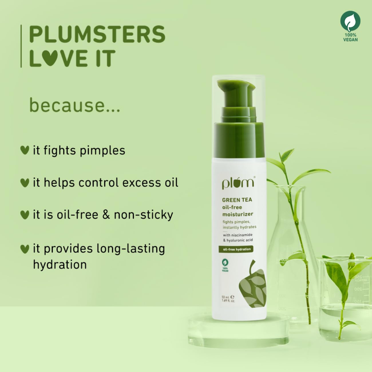 Plum Green Tea Oil-Free Face Moisturizer | With Niacinamide & Hyaluronic Acid | Fights Pimples & Hydrates | Fades Blemishes & Brightens Skin | Non-Sticky & Long-Lasting Moisturizer for Face | 50ml