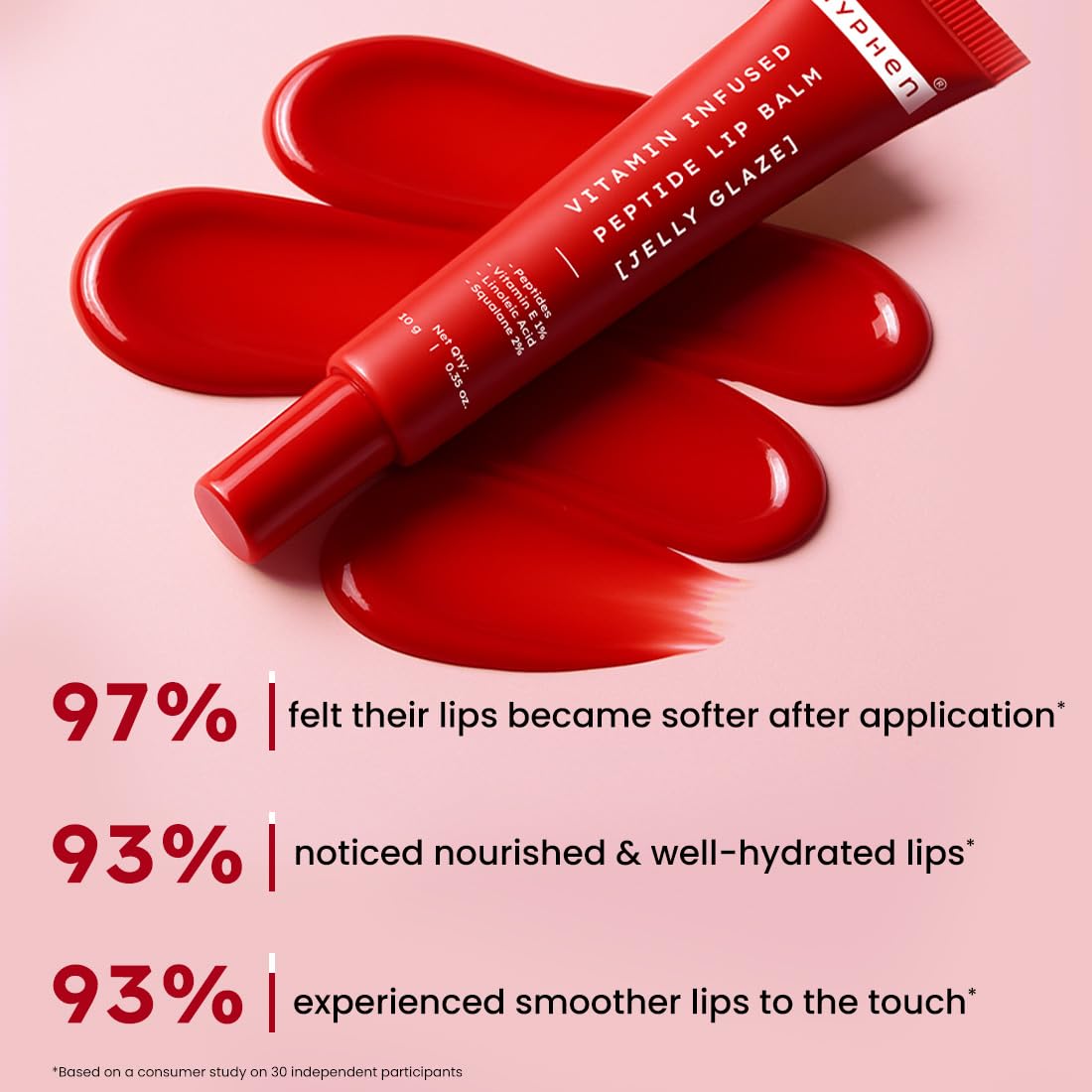 Hyphen Tinted Lip Balm | Brightens & Reduces Dark Lips & Pigmentation | 1% Vitamin E, Peptide & 2% Squalane | Winter Lip Care| 24H Moisturization for Dry & Chapped Lips | Jelly Glaze (Red Shade)- 10g