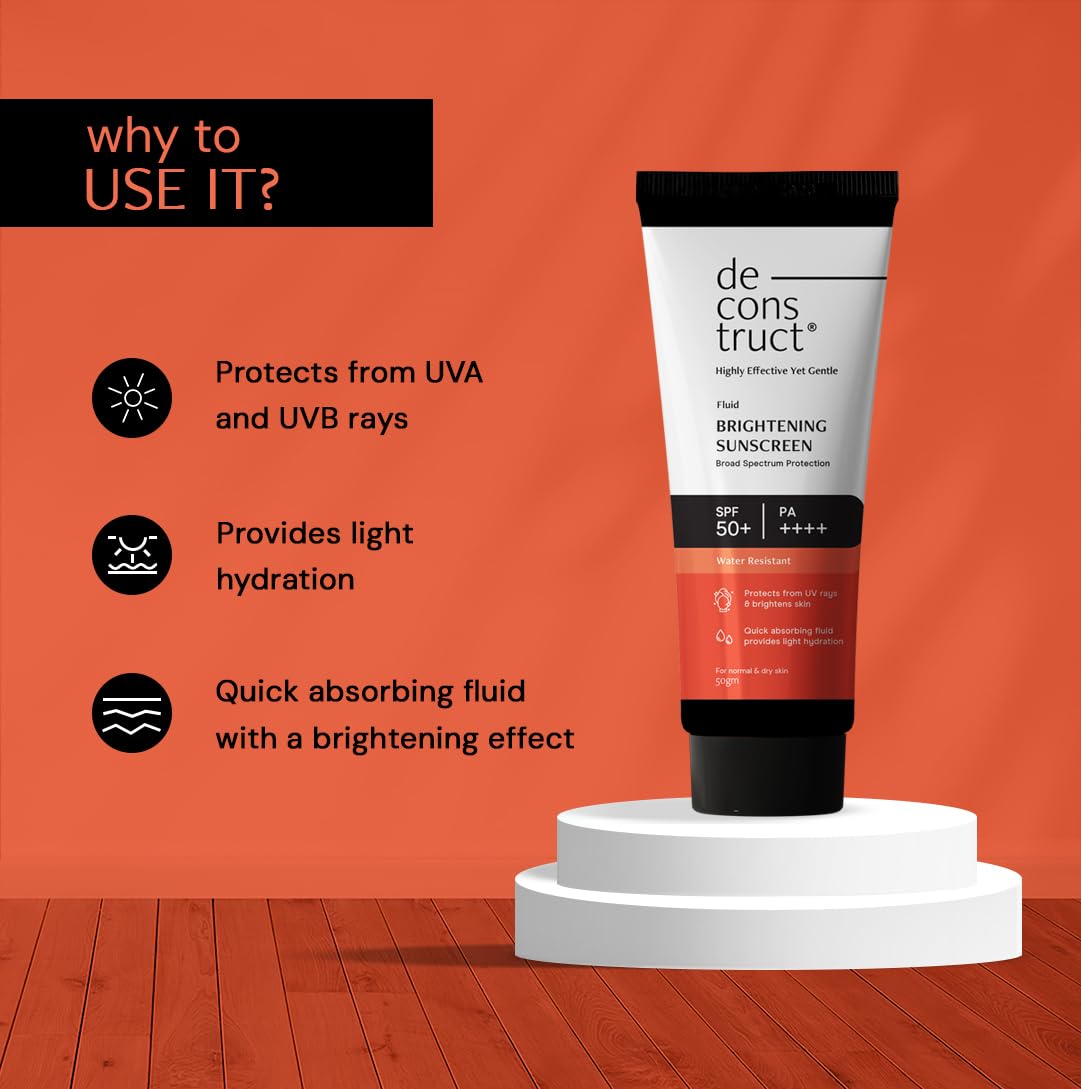 Deconstruct Brightening Fluid Sunscreen SPF 50+ with Niacinamide | Lightweight, Dewy & Hydrating for Dry & Normal Skin | Broad Spectrum UVA/UVB Protection | 8-Hour Long-Lasting, Water-Resistant | 50g