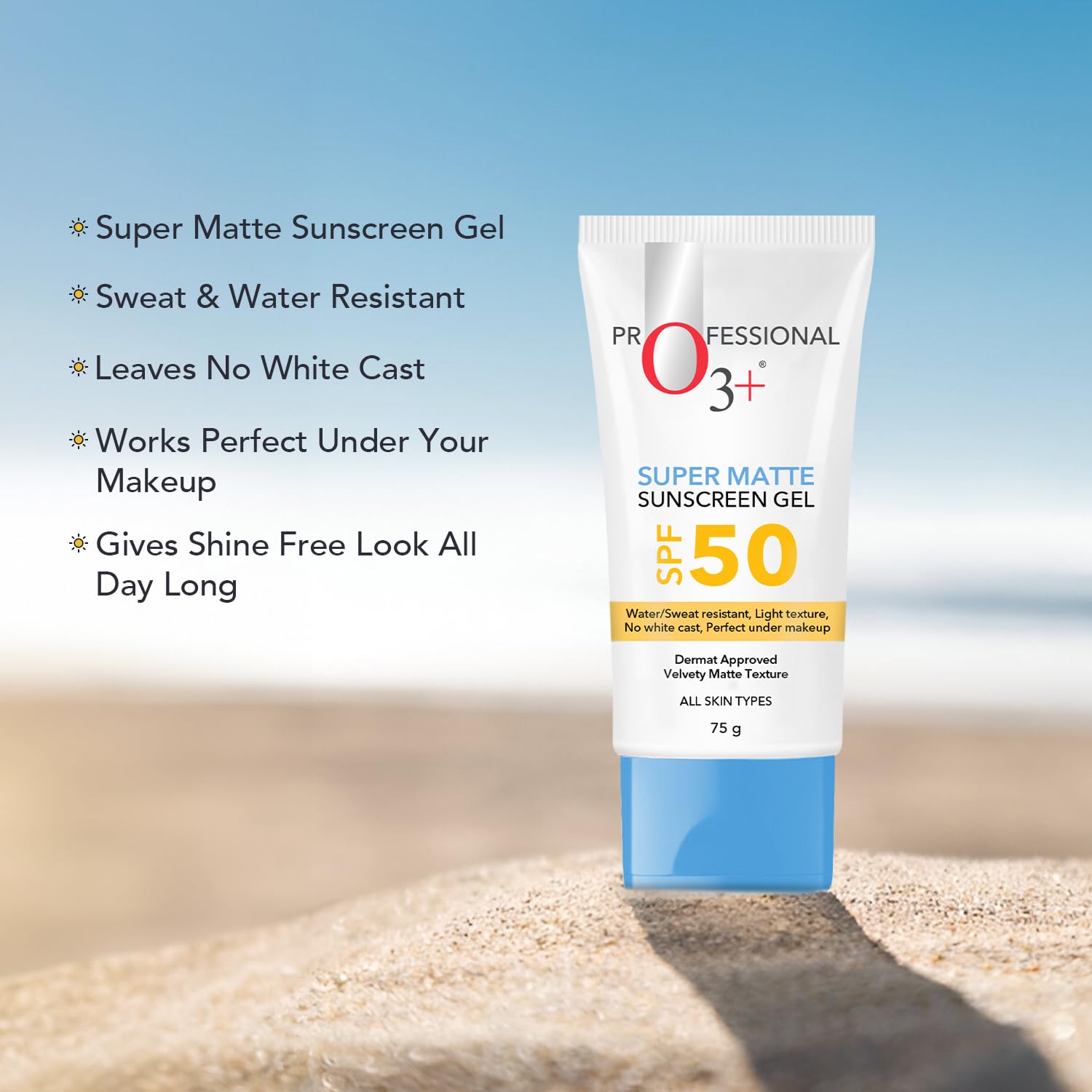 O3+ Super Matte Sunscreen Gel SPF 50 PA ++++ With Niacinamide & Hyaluronic acid Suitable for Normal, Oily and Acne Prone skin for Women and Men | 75g