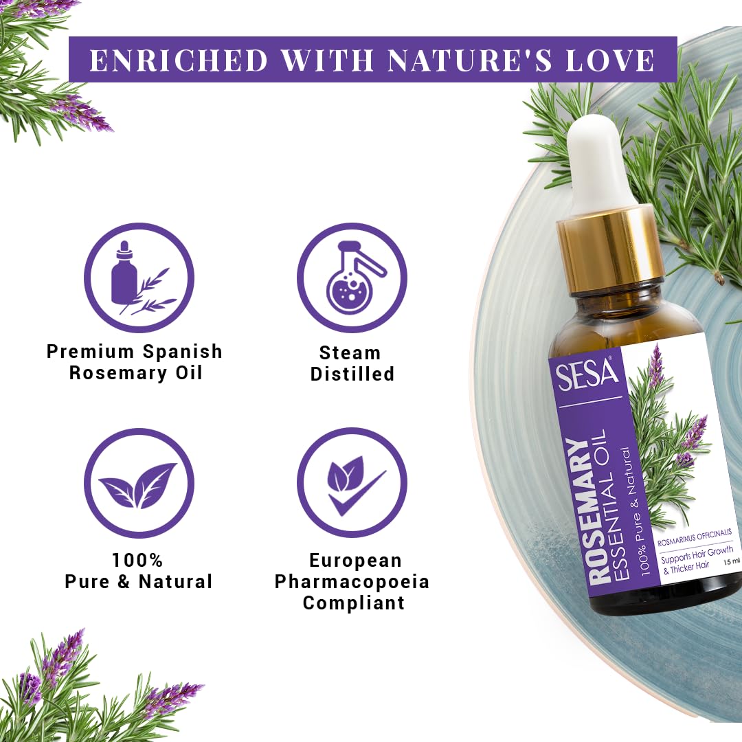 Sesa Rosemary Essential Oil For Hair Growth Nourishes Skin | Hair Fall Control | Women and Men 100% Pure & Natural Rosemary Oil |15 ml