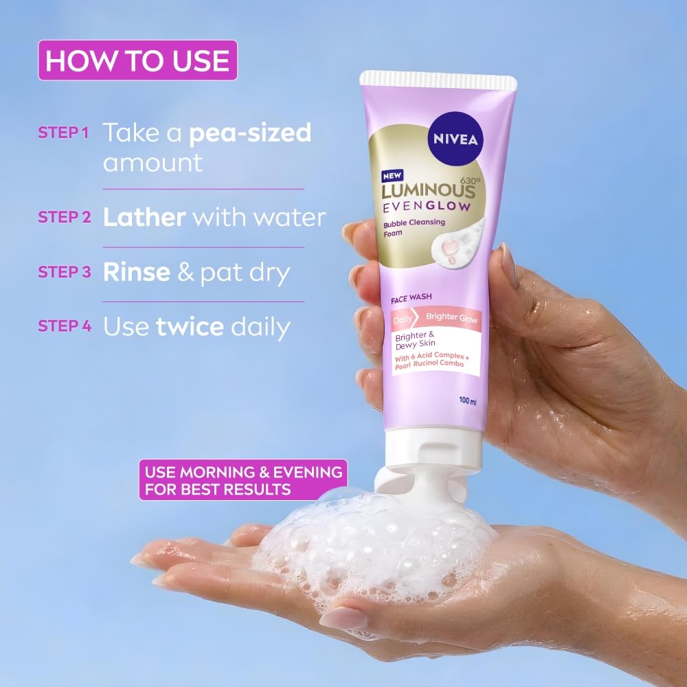 NIVEA Luminous Pearl Rucinol - Bubble Foaming Face Wash for Brighter Glow, 100 ml | Cleanses, Brightens, Unclogs Pores & Hydrates | Removes Make Up | For oily, dry & sensitive skin | Men & women