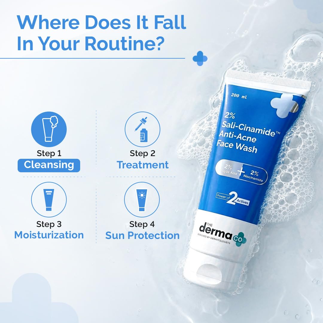 The Derma Co 2% Sali-Cinamide Anti-Acne Face Wash | With 2% Salicylic Acid & 2% Niacinamide I Treats Active Acne & Fades Marks I For Oily & Combination Skin I Power of 2 Actives | For Men & Women | 200 ml