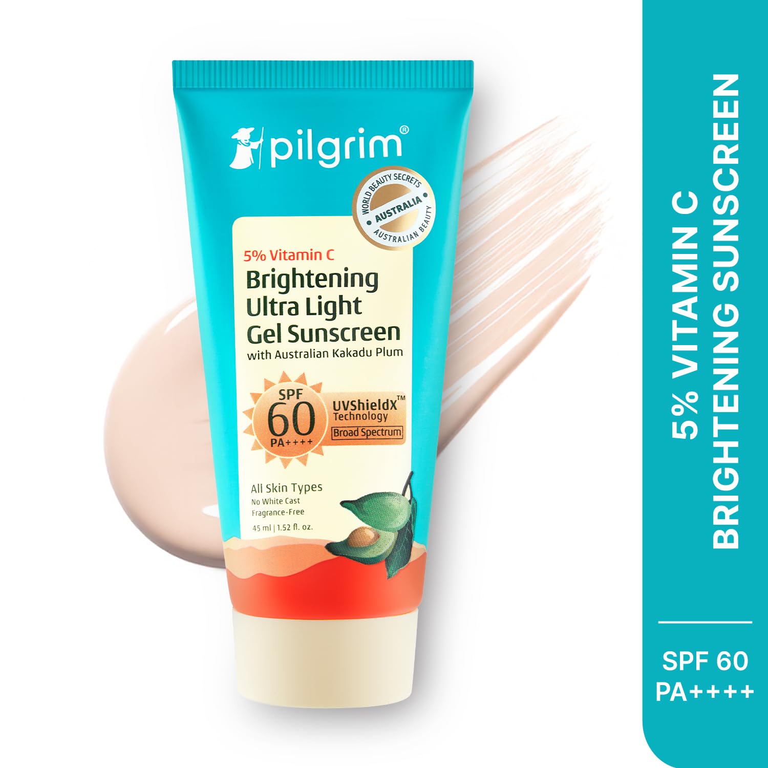 Pilgrim 5% Vitamin C Brightening Ultra Light Gel Sunscreen SPF 60 PA++++ 45ml | UVA/UVB Protection | No White Cast | Fights Tanning, Brightens Skin | Lightweight & Non-Greasy | For All Skin Type