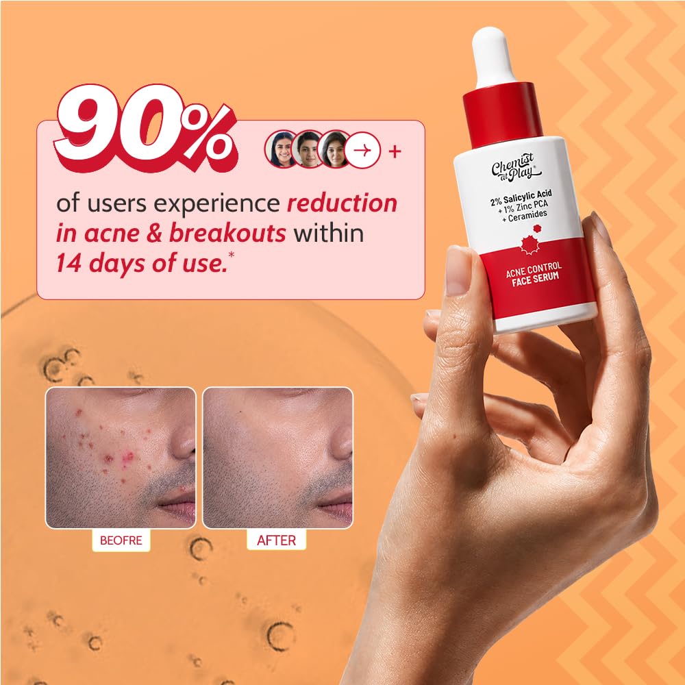Chemist At Play 2% Salicylic Acid Face Serum for Acne-Prone Skin | Treats Active Acne & Controls Oil | Fades Acne Marks | Improves Skin Texture | Lightweight, Non-Comedogenic | For Men & Women | 30 ml