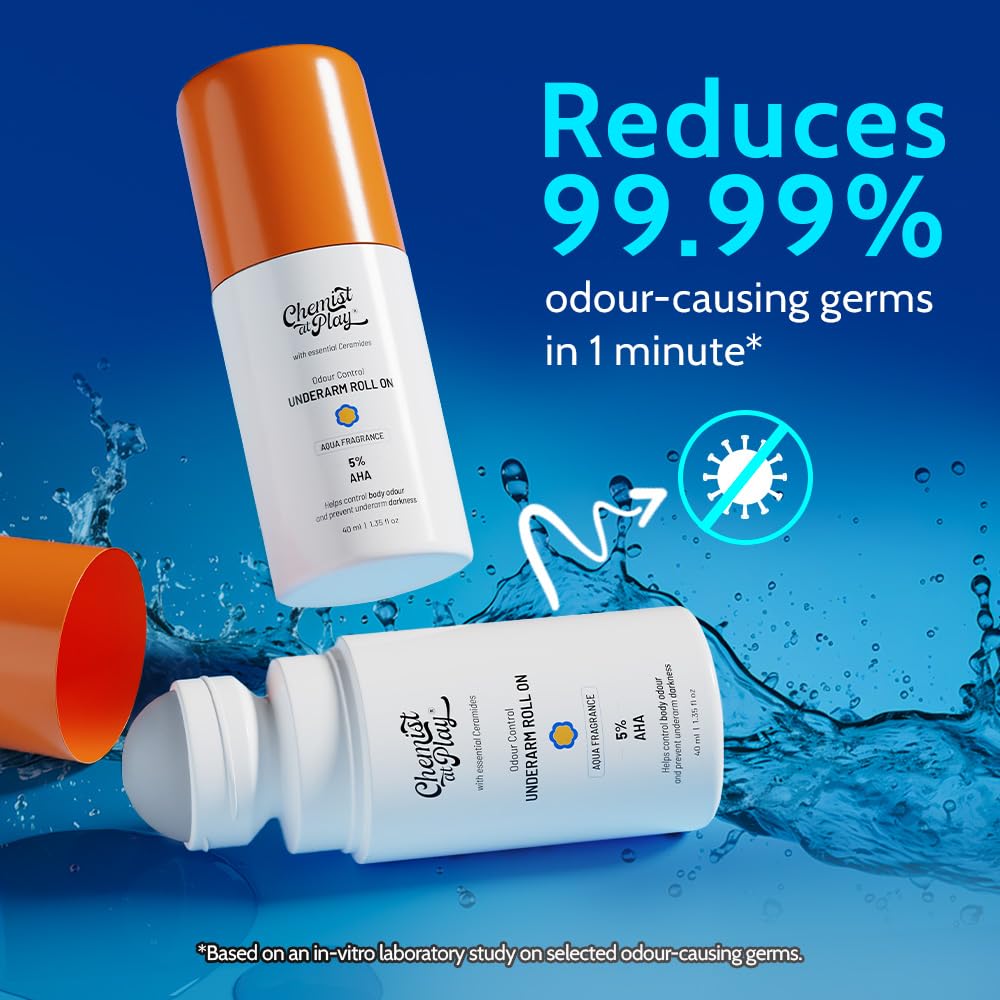 Chemist At Play UnderArm Roll On Deodorant with 5% AHA, Lactic Acid & 1% Mandelic Acid | Prevents Body Odour & Fades Pigmentation |0% Aluminium & 0% Alcohol |For Sensitive Skin | Aqua Fragrance | 40ml
