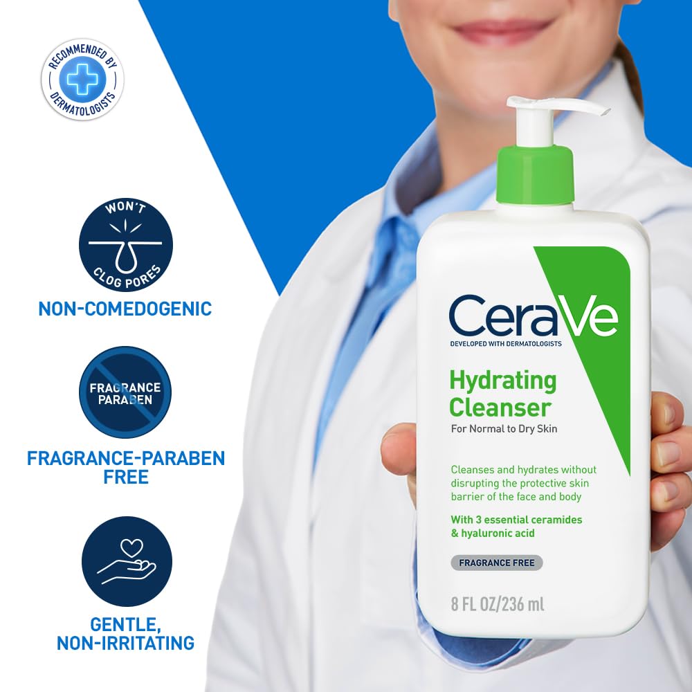 CeraVe Hydrating Cleanser For Normal To Dry Skin (236ml) - Non-Foaming Face Wash with Hyaluronic Acid And Ceramides | Non-Comedogenic, Non-Irritating And Fragrance-Free Cleanser
