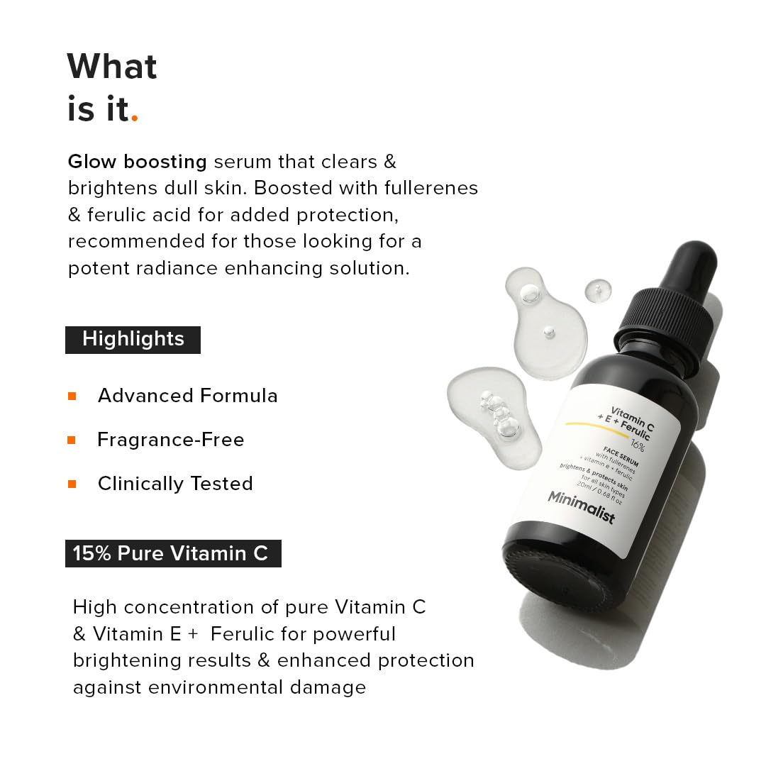 Minimalist 16% Vitamin C Face Serum – Brightening & Glow-Boosting Formula with Vitamin E, Ferulic Acid & Fullerenes, Antioxidant Boost for Radiant Skin (20 ml)