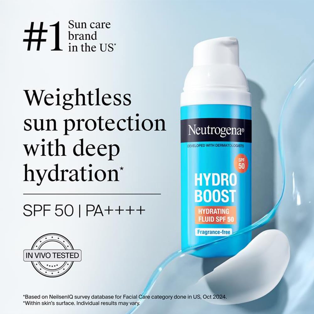 Neutrogena Hydro Boost Face Sunscreen SPF50+ PA++++ | Hyaluronic Acid & Niacinamide | UVA, UVB and Long UVA protection | Oily & Sensitive Skin | Non Greasy & No White Cast | Hydrating Fluid | 50ml