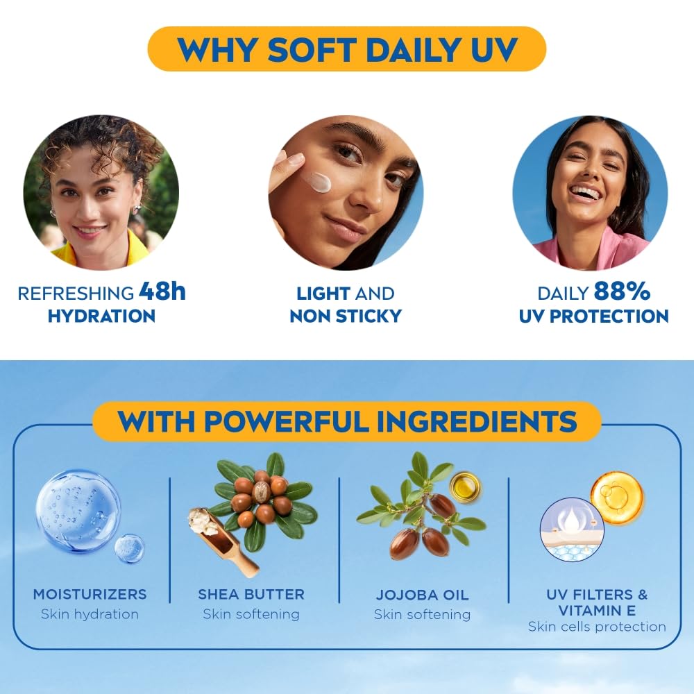 NIVEA Soft Daily SPF 15 Moisturizer | 88% UV Protection | Face & Body Cream for Healthy Glow in 5 Days | No White Cast | Vitamin E & Shea Butter | Lightweight, Quick Absorbing | 72H Hydration | 50ml