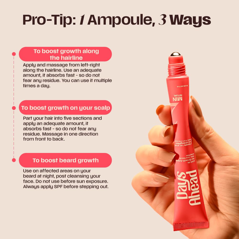 Days Ahead Leave-in Hair Growth Ampoule Serum (Roll on) | 16% Growth Actives | PDRN, Redensyl, Anagain | Hair Growth Serum | Promotes Growth, Increases Density | Non-Greasy | For Women & Men | 25 ml
