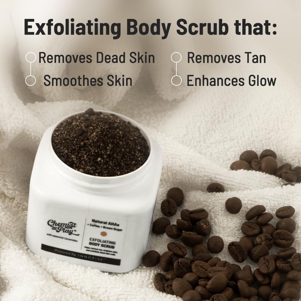 Chemist at Play Exfoliating Body Scrub For Removing Tan & Dead Skin Cells | Rough & Bumpy Skin, Tanned & Pigmented Skin | For Smooth, Soft & Bright Skin | Natural AHAs | Coffee | For Men & Women | 75g