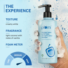 Plum Coconut Milk & Peptides Strength & Shine Shampoo | 22X Smoother Hair | With Coconut Milk & Pea Peptide | Smoothening & Strengthening | Paraben-Free, 100% Vegan, 250ml