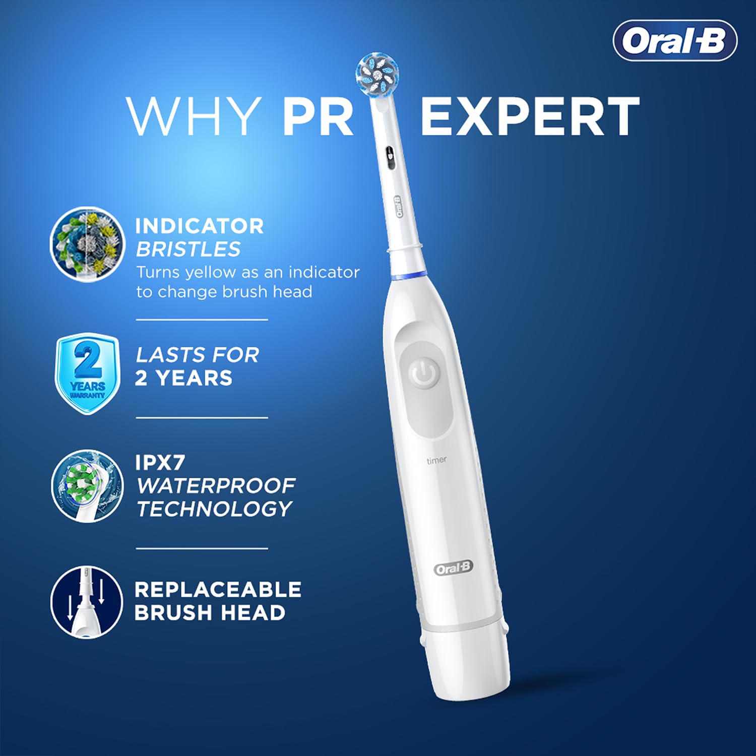 Oral B Pro Expert AA Battery Electric Toothbrush for Adults, 2 Min Timer with Quadpacer, Long Battery Life, IPX7 Water Resistant, 2 Year Warranty by Oral-B, Dentist inspired Round Brush Head