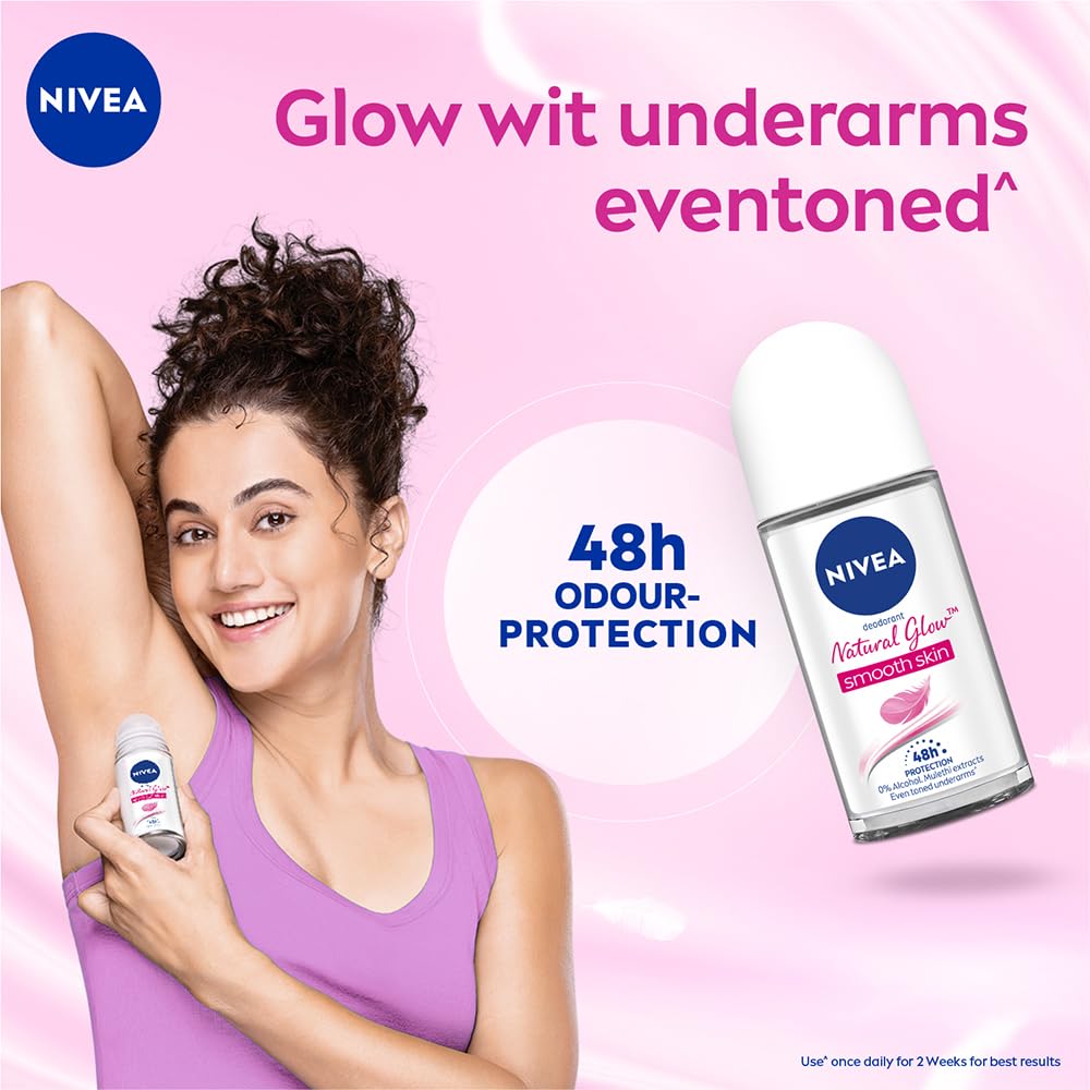 NIVEA Natural Glow Smooth Skin Deodorant Underarm Roll On for Women| Vitamin C, Vitamin E, Avocado oil and Licorice Extract | 72 H Even Toned, Smooth & Bright Underarms | 0% Alcohol and Dermat Approved |50 ml