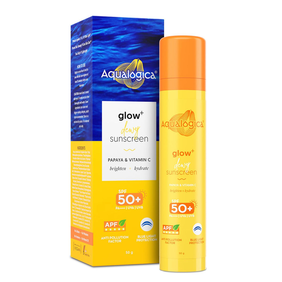 Aqualogica Glow+ Dewy Sunscreen Gel SPF 50+ PA++++ with Papaya & Vitamin C | Broad Spectrum SPF 50+ PA++++ | UVA/B & Blue Light Protection | Anti-Pollution Factor (APF) Technology | Brightens Skin I Fragrance-Free & No White Cast | For Glowing & Sun Prote
