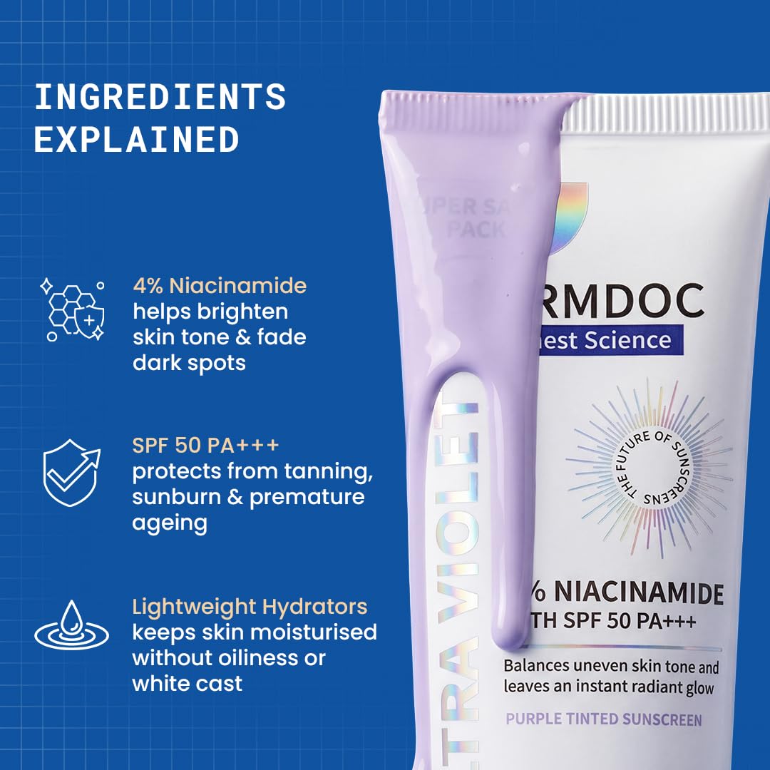 DERMDOC SPF 50 Ultra Violet Brightening Tinted Sunscreen with 4% Niacinamide, 100g | PA +++ | With Purple Tint | Evens Skin Tone | Lightweight | UVA & UVB Protection | Zero White Caste