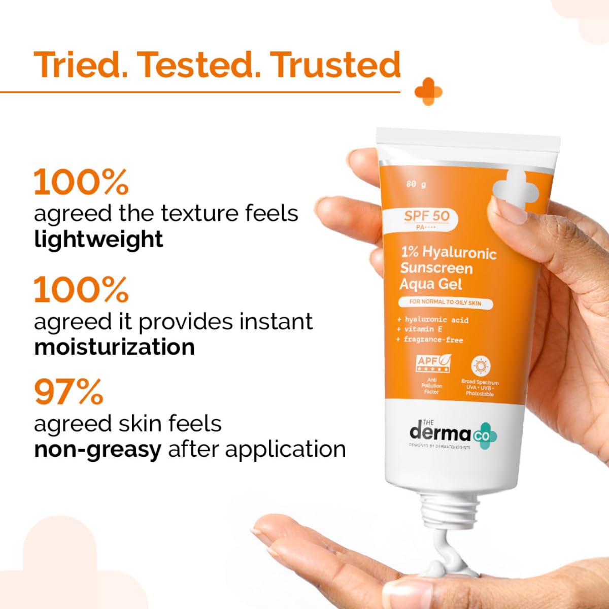 The Derma Co 1% Hyaluronic Sunscreen Aqua Gel SPF 50 PA++++ | Hydrating, Lightweight & Non-Greasy | No White Cast | Broad Spectrum & Blue Light Protection | Clinically Tested - (In-Vivo) | PPD-39 | 80 g