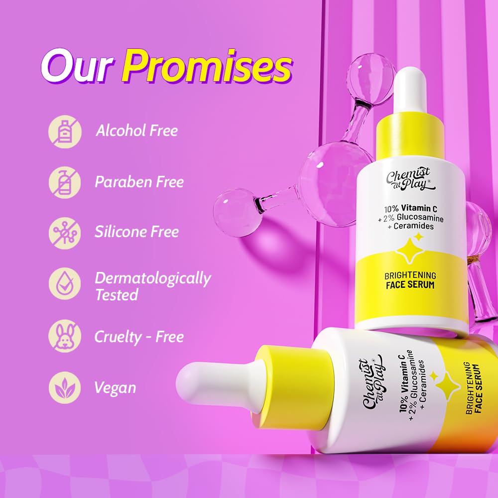 Chemist At Play 10% Vitamin C Serum for Glowing Skin | Pigmentation & Dark Spots | Skin Brightening Face Serum | With Ethyl Ascorbic Acid, Lactic Acid & Glucosamine | For Men & Women | 30 ml