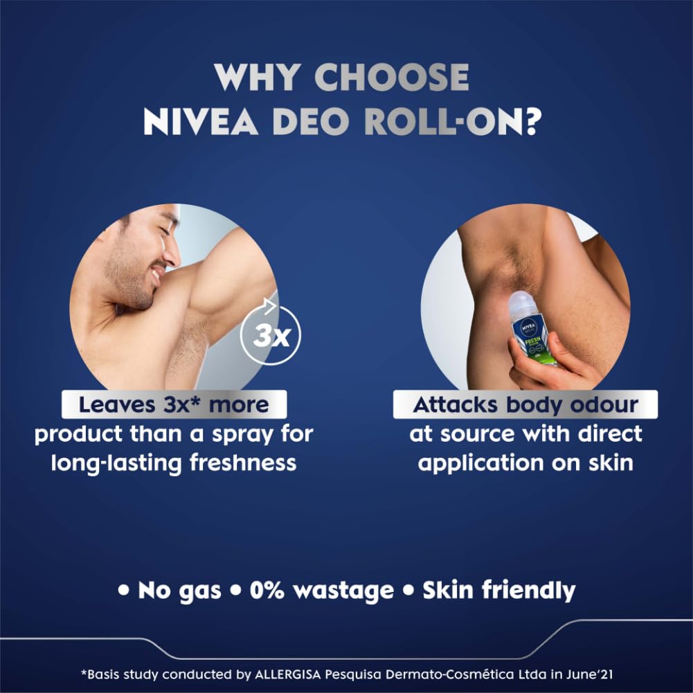 NIVEA MEN Fresh Power Underarm Roll-On Deodorant | 72 H Long Lasting Freshness | Fights bacteria and body odour | Fresh musk fragrance | 0% Alcohol | Dermatologically Approved & Paraben Free Formula | 50ml