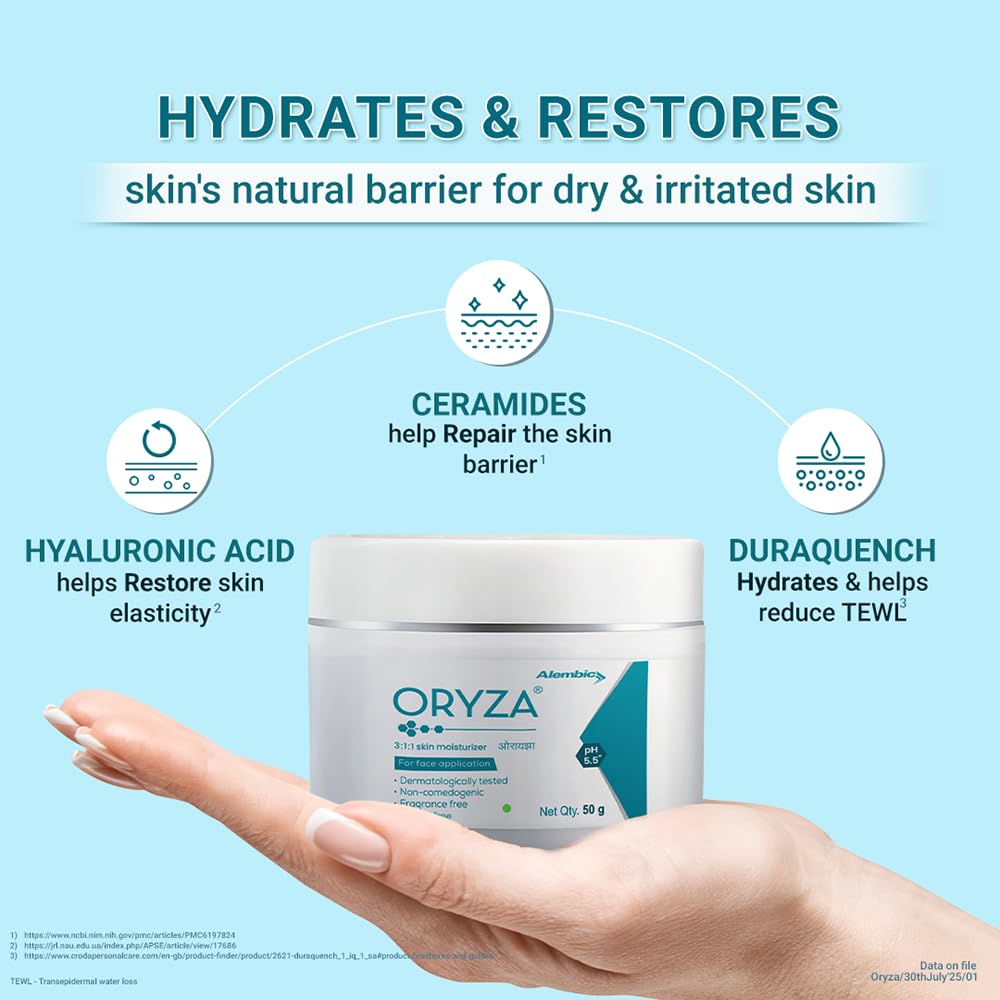 Alembic Oryza 3:1:1 Ceramide Face Moisturizer I Enriched With Hyaluronic Acid & Duraquench I Light Weight I Long Lasting Hydration I For Normal To Sensitive Skin,50G Pack Of 1 - Cream
