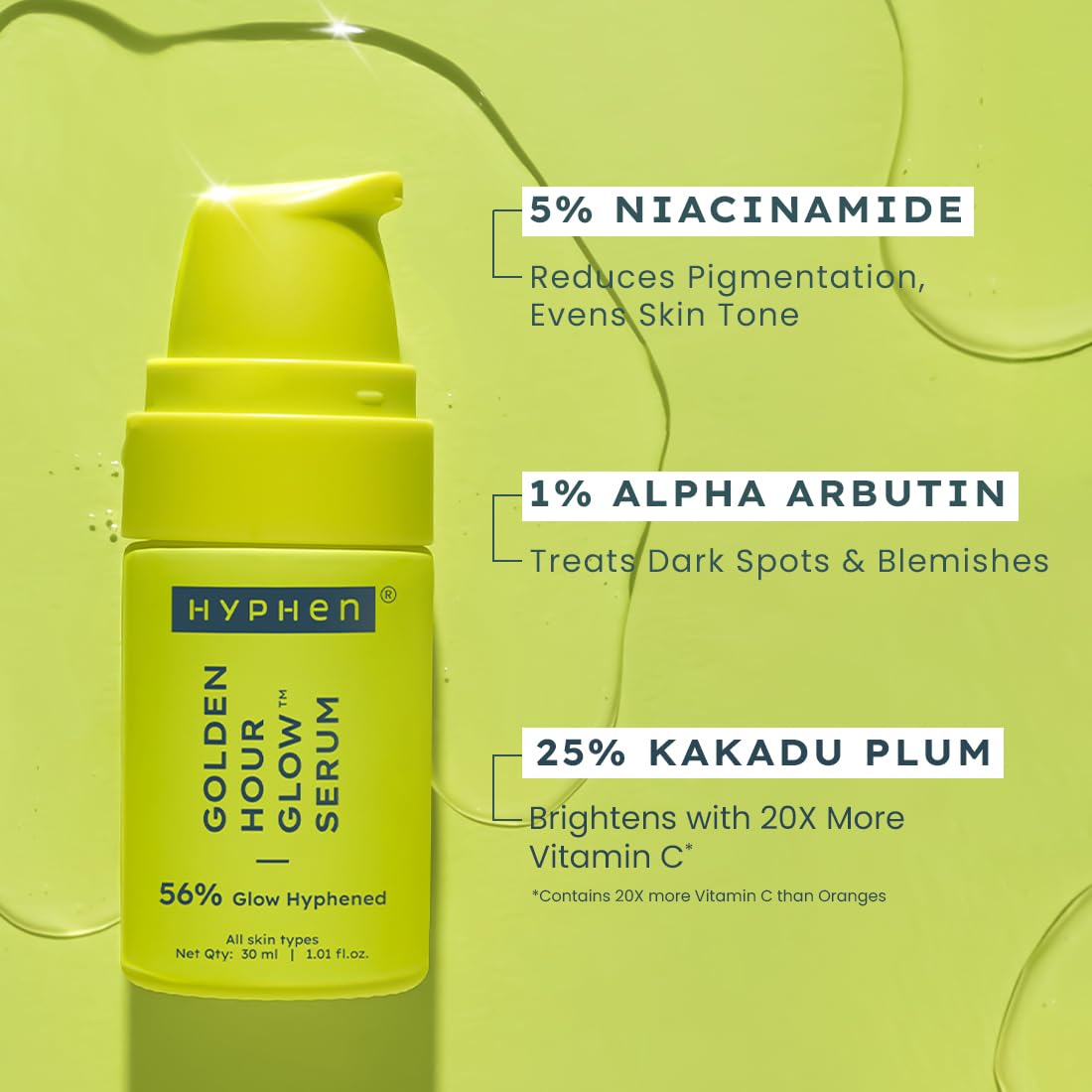 Hyphen 5% Niacinamide, 1% Alpha Arbutin & 25% Kakadu Plum Brightening Face Serum | 20X Vitamin C for Glowing Summer Skin | Hydrating Serum for Dark Spots, Pigmentation & Dryness | All Skin Types