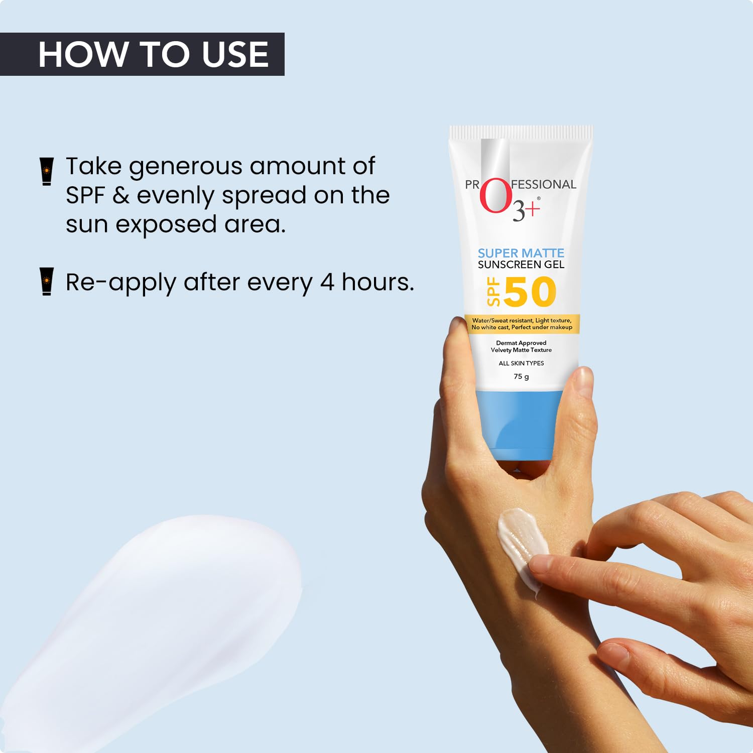 O3+ Super Matte Sunscreen Gel SPF 50 PA ++++ With Niacinamide & Hyaluronic acid Suitable for Normal, Oily and Acne Prone skin for Women and Men | 75g