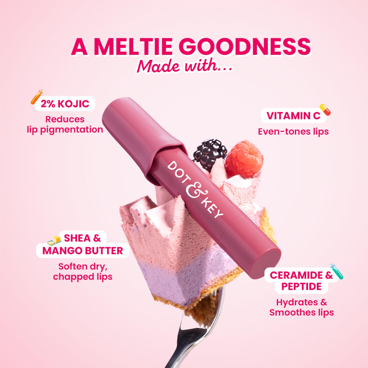 Dot & Key Meltie Lip Balm SPF 50+ In-Vivo Tested With 2% Kojic & Vitamin C | Hydrates Dry, Chapped Lips, Lightens Pigmentation, Brightens Lips | Berry Crumble | 4g