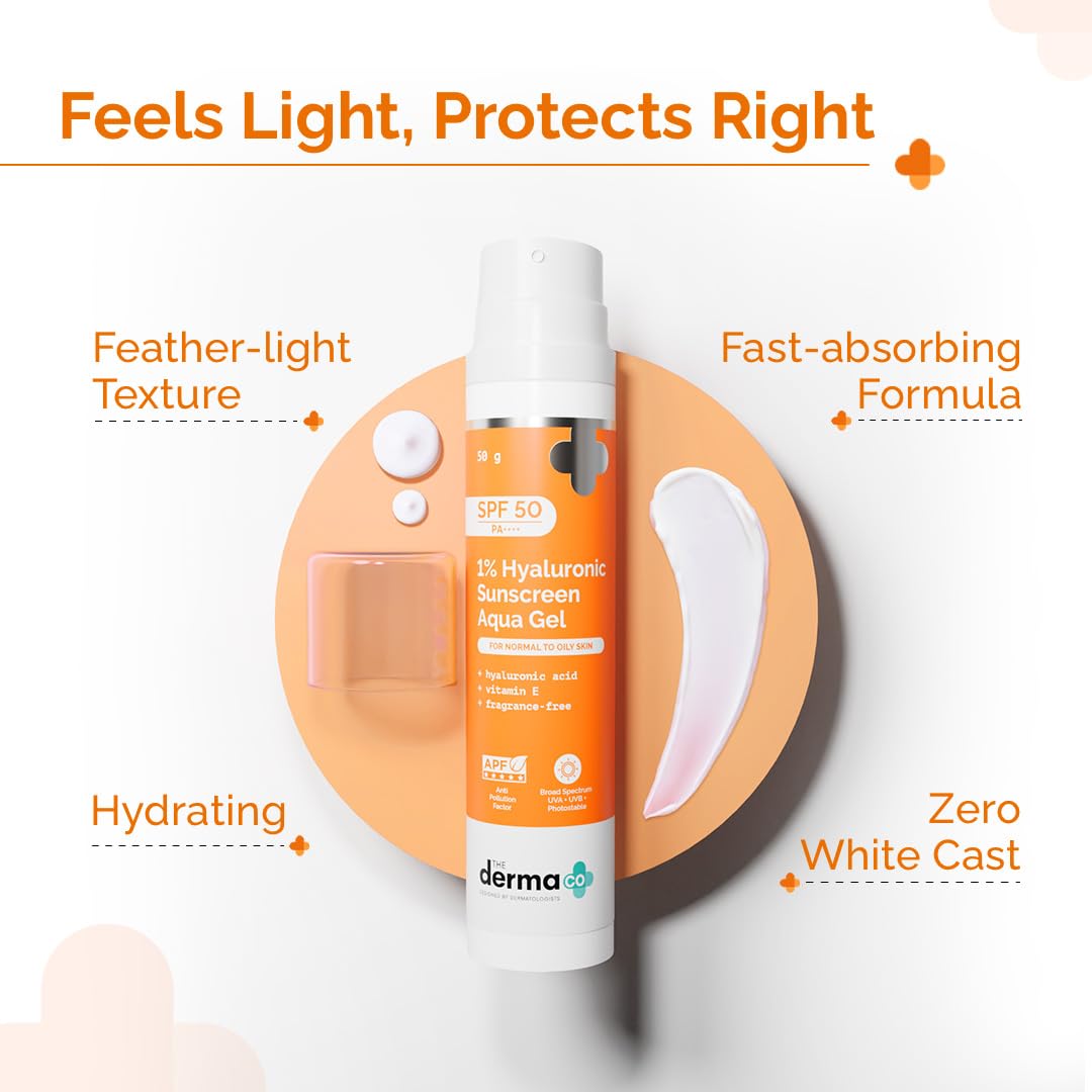 The Derma Co 1% Hyaluronic Sunscreen Aqua Gel SPF 50 PA++++ | Hyaluronic Acid for Deep, Long Lasting Hydration | Ultra Lightweight Texture I Non-Greasy, No White Cast | Broad Spectrum & Blue Light Protection | 50g