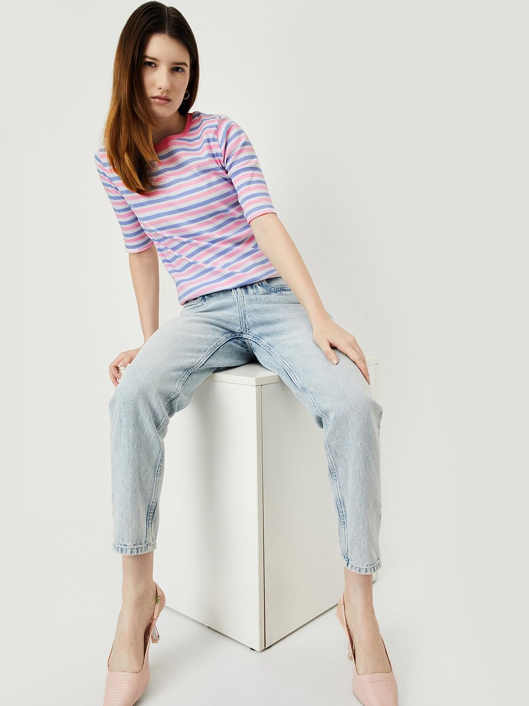 Max Women Striped Ribbed T-Shirt Regular Fit