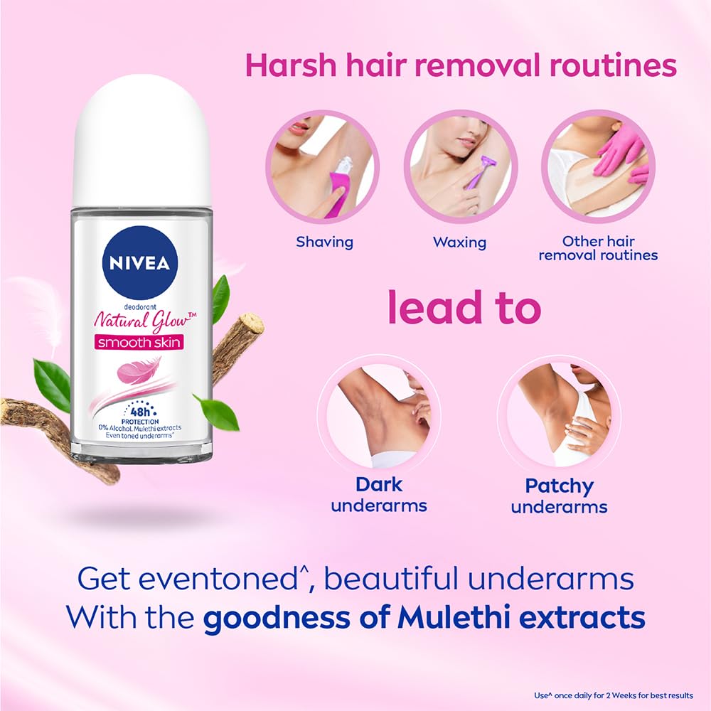 NIVEA Natural Glow Smooth Skin Deodorant Underarm Roll On for Women| Vitamin C, Vitamin E, Avocado oil and Licorice Extract | 72 H Even Toned, Smooth & Bright Underarms | 0% Alcohol and Dermat Approved |50 ml
