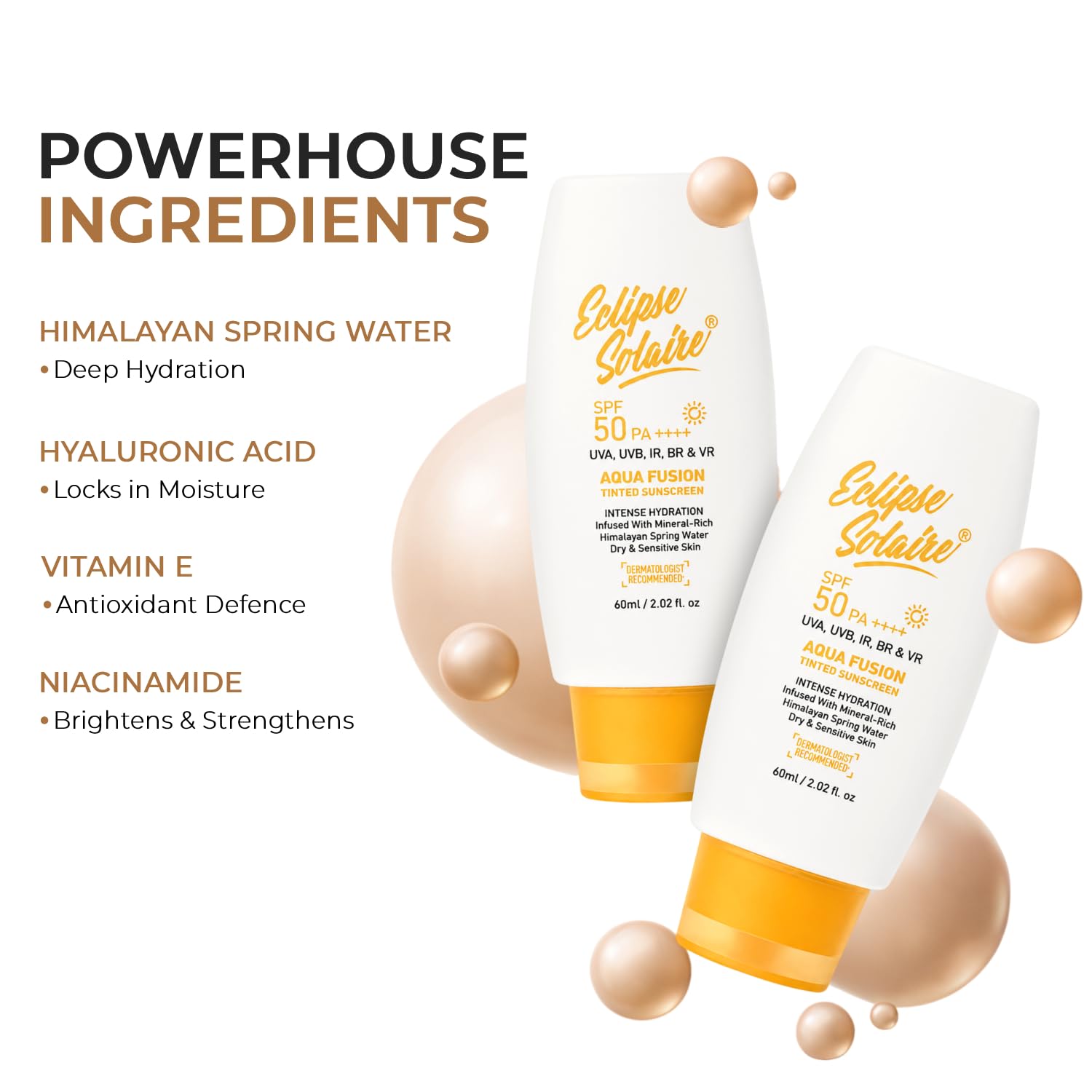 Eclipse Solaire Aqua Fusion Sunscreen SPF50 | 5X Protection with SPF 50 PA++++ | Infused with Himalayan Spring Water | Non-Greasy, For All Skin Types – 60ml