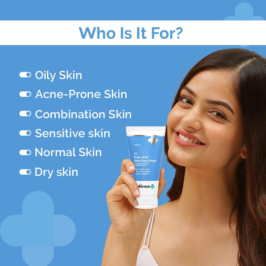 The Derma Co 1% Kojic Acid Face Wash | With Niacinamide & Alpha Arbutin | Reduces Dark Spots, Pigmentation & Blemishes | Cleanses & Brightens Skin | Non-Drying Formula | For All Skin Types | 150 ml