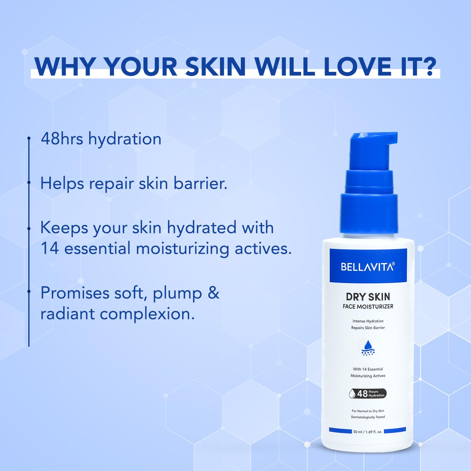 BELLAVITA Face Moisturizer Dry to Normal Skin | Power of 14 Moisturizing Actives | 48hrs Hydration | Intense Moisturization | Repairs & Soothes | pH Balanced | Moisturizer Cream For Men & Women | 50ml