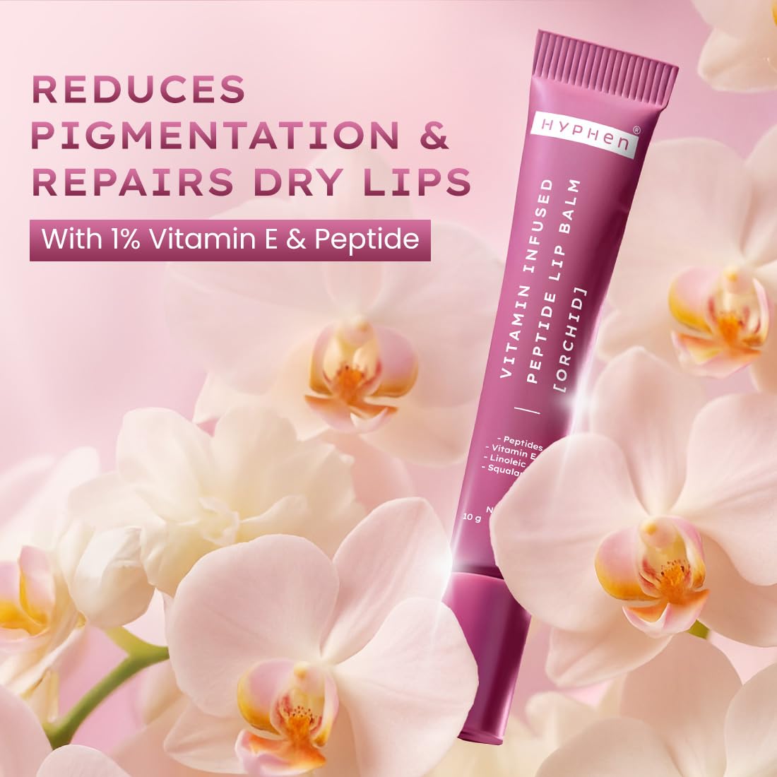 Hyphen Tinted Lip Balm | Brightens & Reduces Dark Lips & Pigmentation | 1% Vitamin E, Peptide & 2% Squalane | Winter Lip Care | 24H Moisturization for Dry & Chapped Lips | Orchid (Mauve Shade)- 10g