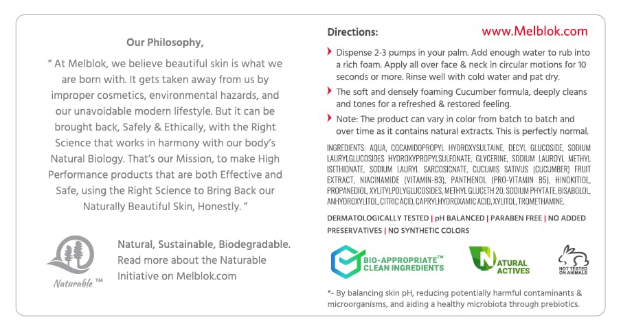 Melblok Bio-Recovery Clear Cucumber Face Wash 150ml | For Oily & Combination Skin| Oil Control, Pore Cleansing & Non-Drying Prebiotic Face Cleanser with Niacinamide