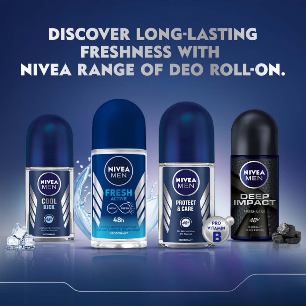 NIVEA MEN Fresh Power Underarm Roll-On Deodorant | 72 H Long Lasting Freshness | Fights bacteria and body odour | Fresh musk fragrance | 0% Alcohol | Dermatologically Approved & Paraben Free Formula | 50ml