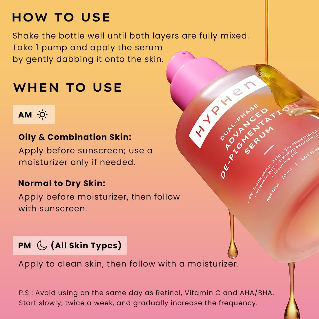 Hyphen 4% Tranexamic Acid + 5% Niacinamide Biphasic De-Pigmentation Serum | Correction & Prevents Hyperpigmentation, Dark Spots & Melasma| In-vivo tested & Non-Comedogenic| Deep Penetration - 30 ml