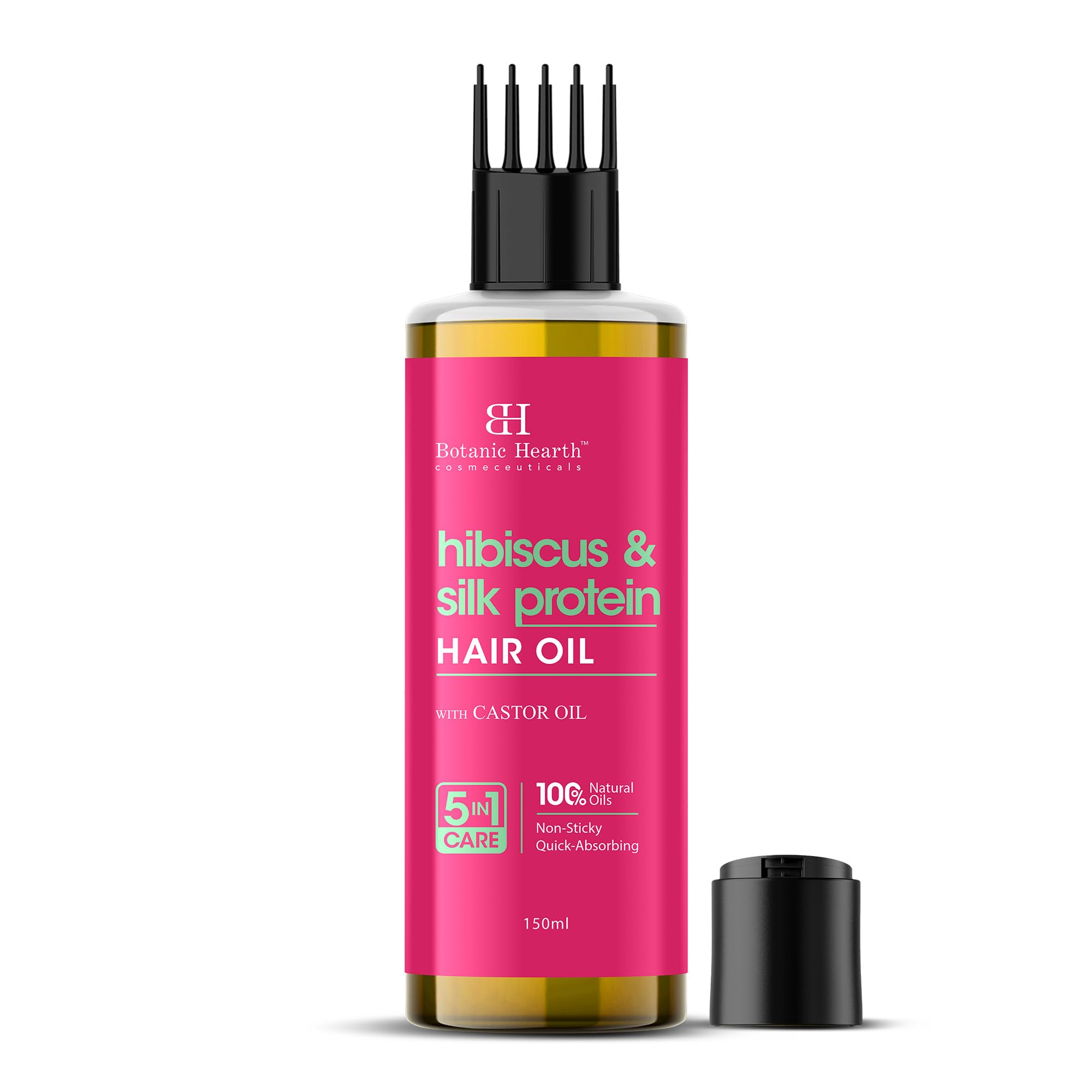 Botanic Hearth Hibiscus Silk Protein Hair Oil for Hair Growth & Hair Fall Control|Nourishing Scalp & Hair Treatment with Castor Oil |Reduces Frizz, Adds Shine|Comb Applicator |For Men & Women|150 ml