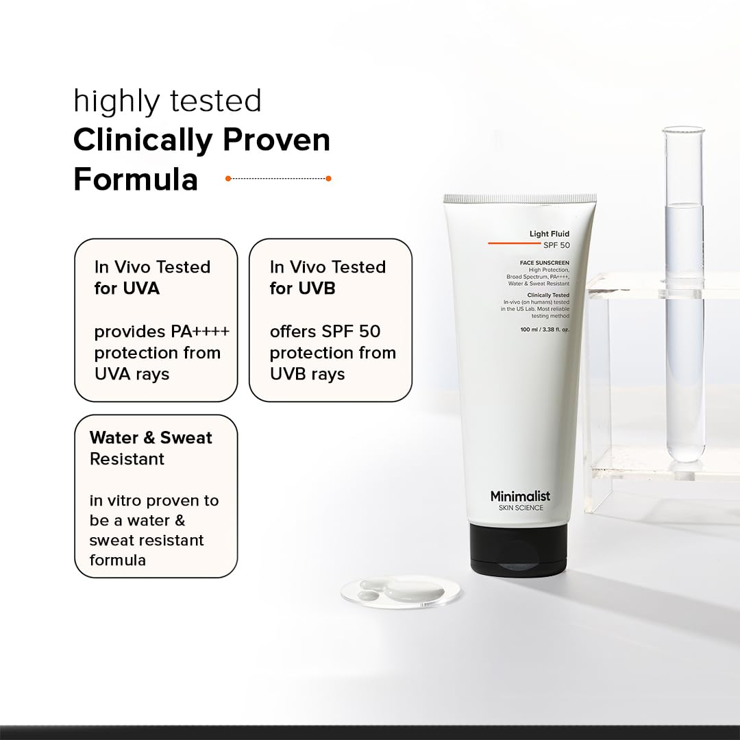 Minimalist Light Fluid Sunscreen SPF 50 for Oily Skin (PA++++) | Clinically Tested in US| No White Cast | Broad Spectrum | Lightweight, Water & Sweat Resistant | For Women & Men | 100ml