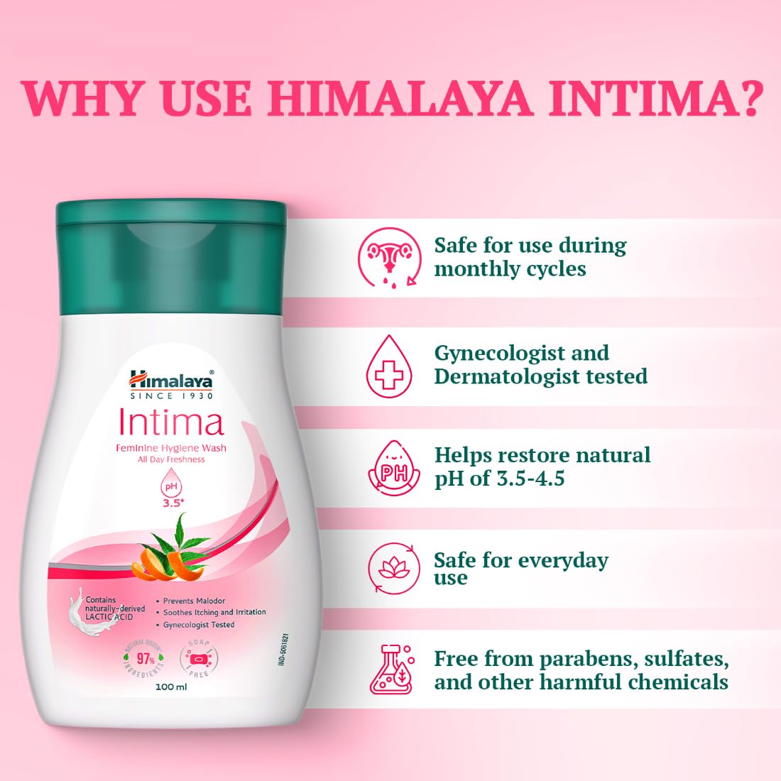Himalaya Intima | 100 ml | Feminine Hygiene Wash | Lactic Acid Wash | Balances pH | Natural Ingredients | Relieves Itching and Irritation