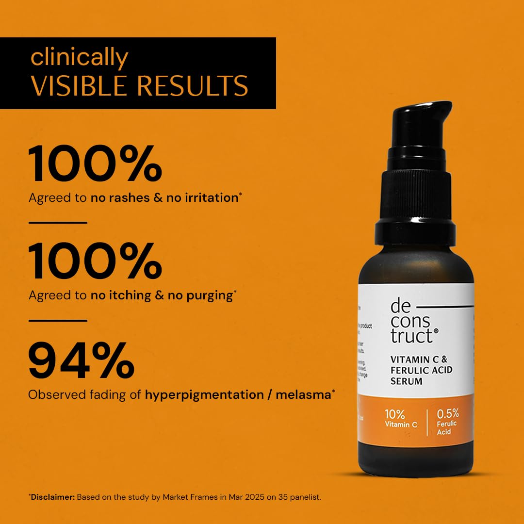 Deconstruct 10% Vitamin C Serum | Non-Irritating & Non-Sticky | Tested for Oily, Sensitive Skin | Beginner-Friendly| Brightens Dull Skin, Evens Tone | No Purging | With 0.5% Ferulic Acid|30ml