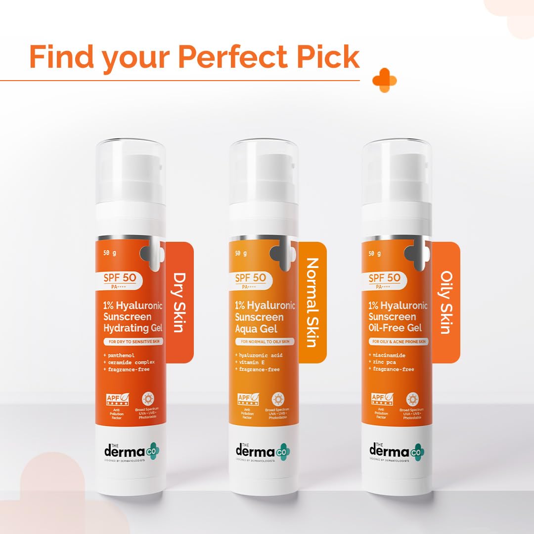 The Derma Co 1% Hyaluronic Sunscreen Oil-Free Matte Gel SPF 50 PA++++ | For Oily, Acne-Prone Skin | Lightweight Texture | No White Cast | Broad Spectrum Protection & Blue Light Protection |