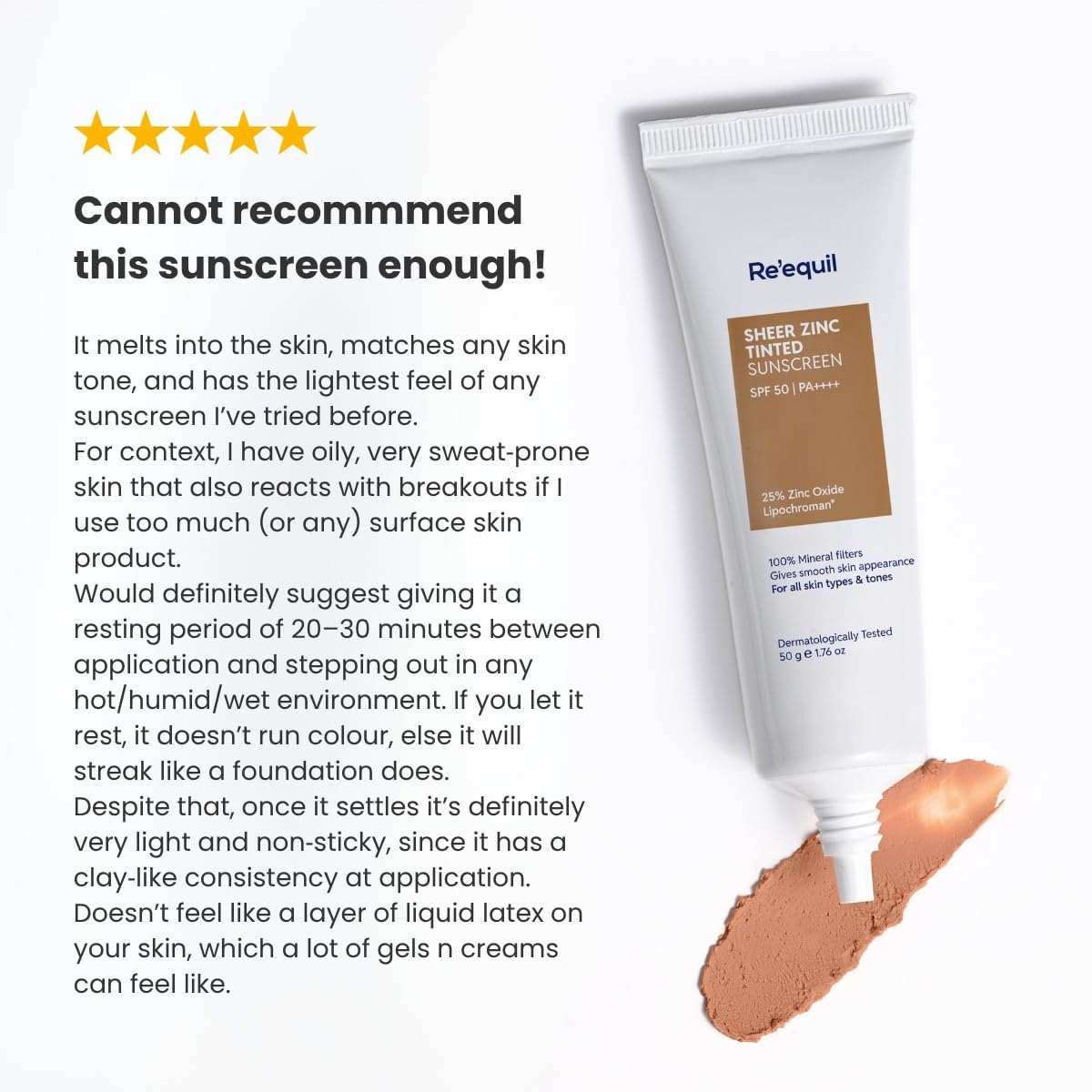 Re'equil Sheer Zinc Tinted Sunscreen | 100% Mineral-based Sunscreen | UVA, UBV, & IR Protection | Water Resistant with SPF 50 PA++++ | For All Skin Types | 50g