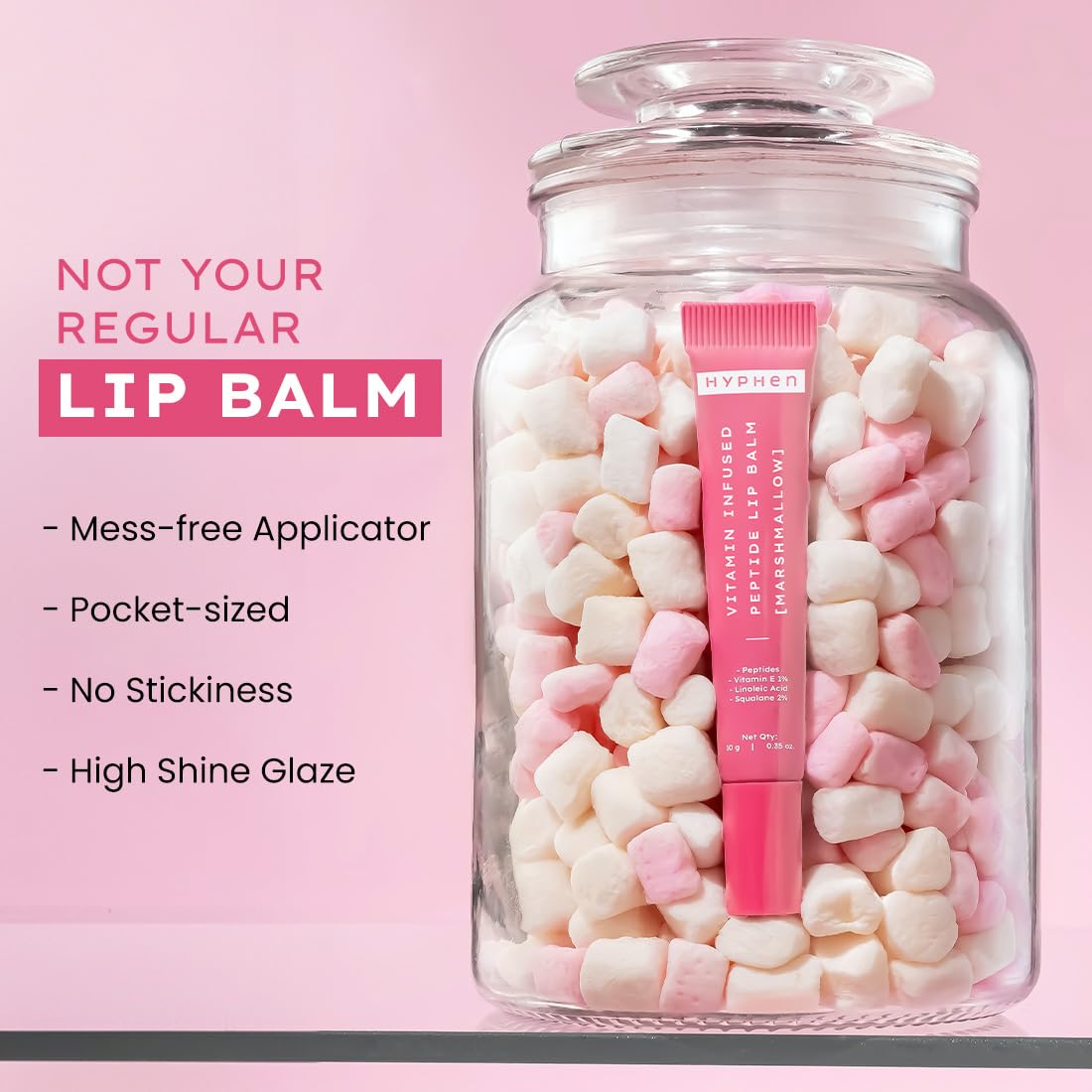 Hyphen Tinted Lip Balm - Marshmallow Pink | 1% Vitamin E, 2% Squalane & Peptides | Brightening Lip Balm for Dark Lips | 24h Moisturization & Hydration for Dry & Chapped Lips - 10 g