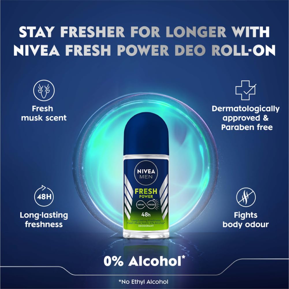NIVEA MEN Fresh Power Underarm Roll-On Deodorant | 72 H Long Lasting Freshness | Fights bacteria and body odour | Fresh musk fragrance | 0% Alcohol | Dermatologically Approved & Paraben Free Formula | 50ml