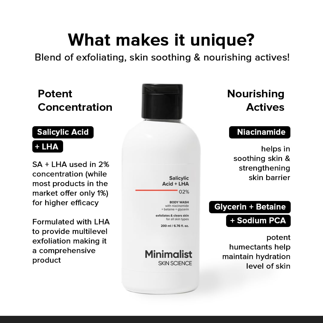 Minimalist 2% Salicylic Acid + LHA Body Wash | Gentle Exfoliating Bodywash for Body Acne, Un-even, Rough & Bumpy Skin | Sulphate (SLS), Dye, & Fragrance Free | Shower Gel for Women & Men | 200 ml